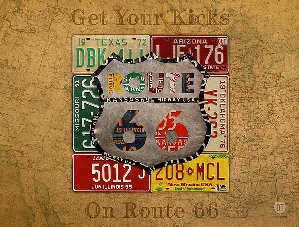 Get Your Kicks On Route 66 Vintage License Plate Art On Worn United States Highway Map By Design