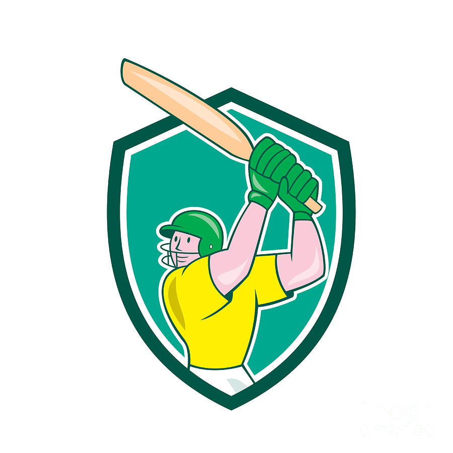 Cricket Player Batsman Batting Shield Cartoon Digital Art By Aloysius