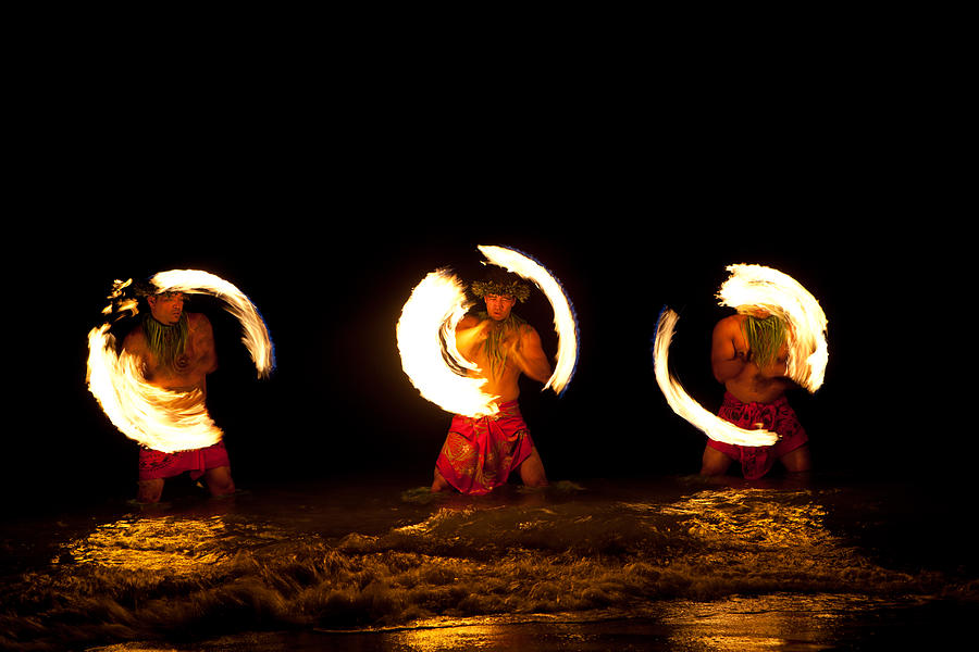 Hawaiian Fire Dancers In The Ocean Photograph by Deborah Kolb