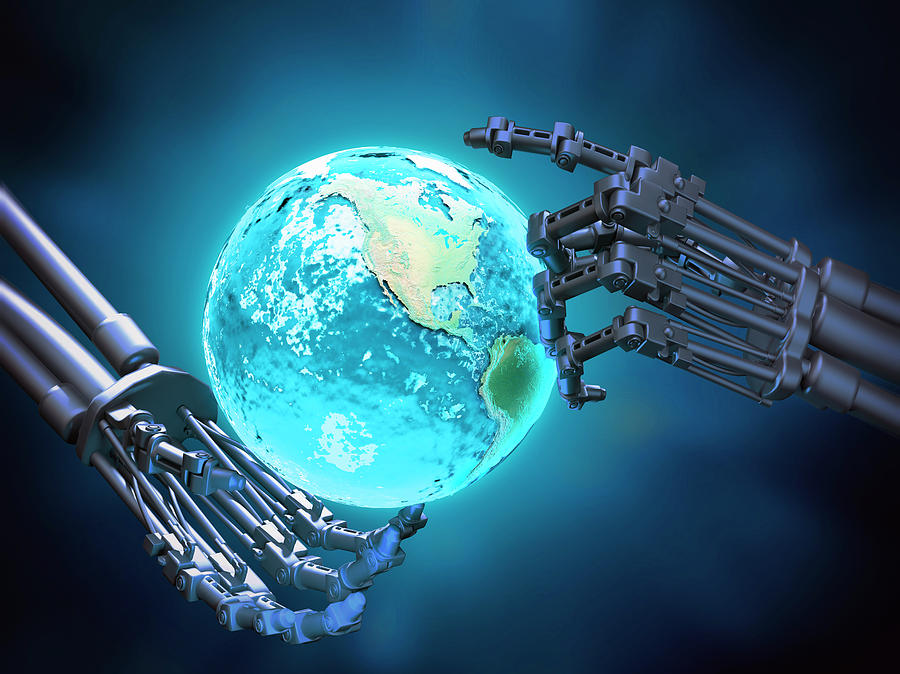 Robotic Hands Holding Earth Photograph By Andrzej Wojcicki Science