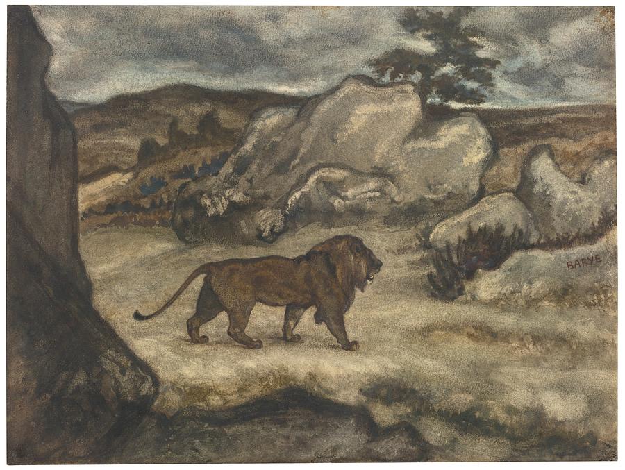 A Lion Striding In A Landscape Painting By Celestial Images Fine Art