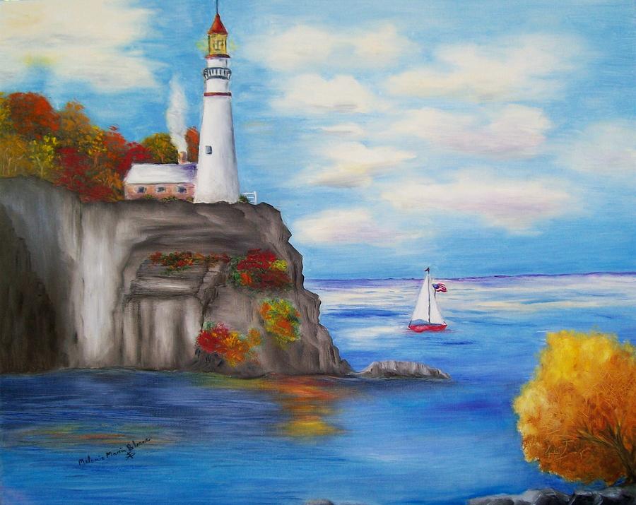 Autumn Lighthouse With Sailboat is a painting by Melanie Palmer which 