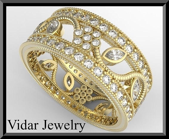 Beautiful 14k Yellow Gold Diamond Flower Woman Wedding Ring Jewelry