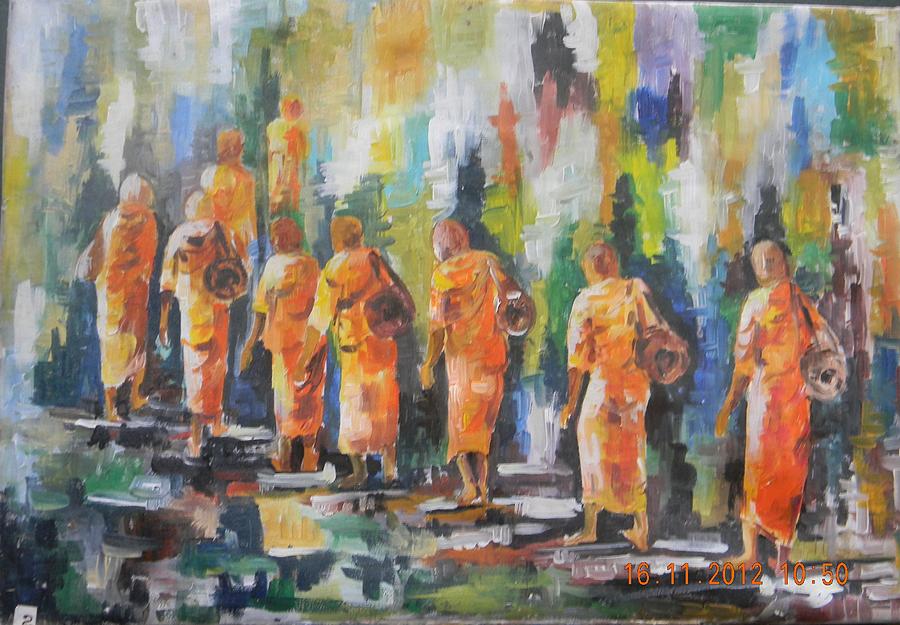 Buddhist Monks Painting by Sudumenike Wijesooriya