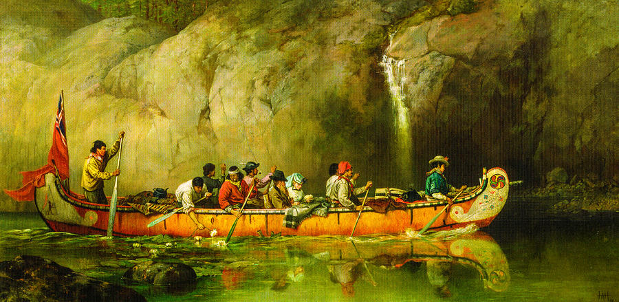 Birchbark Canoe Digital Art - Canoe Manned By Voyageurs Passing A 