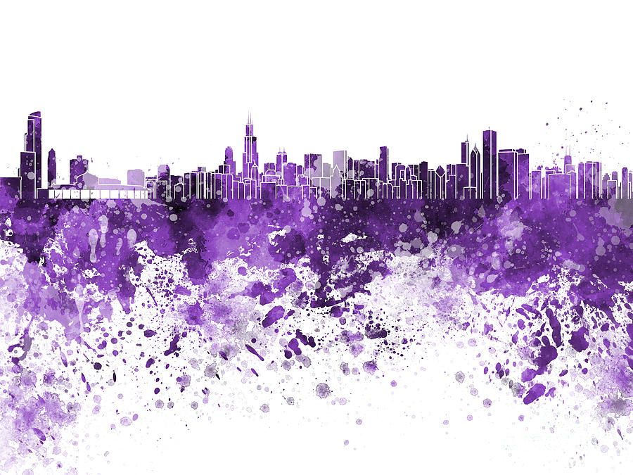 Chicago Skyline In Purple Watercolor On White Background Painting by