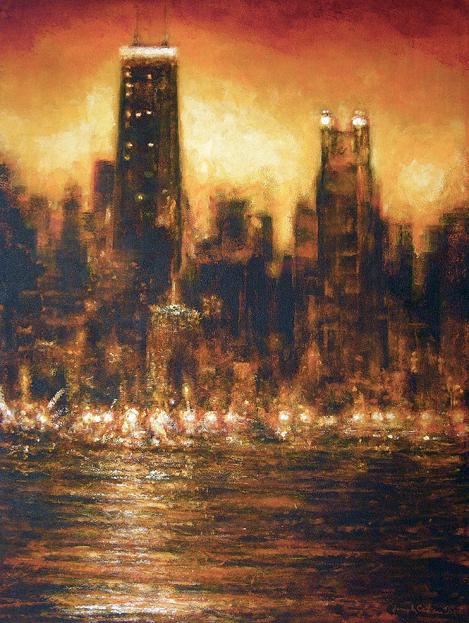 Chicago Sunset - As The Lights Go On Painting By Joseph Catanzaro