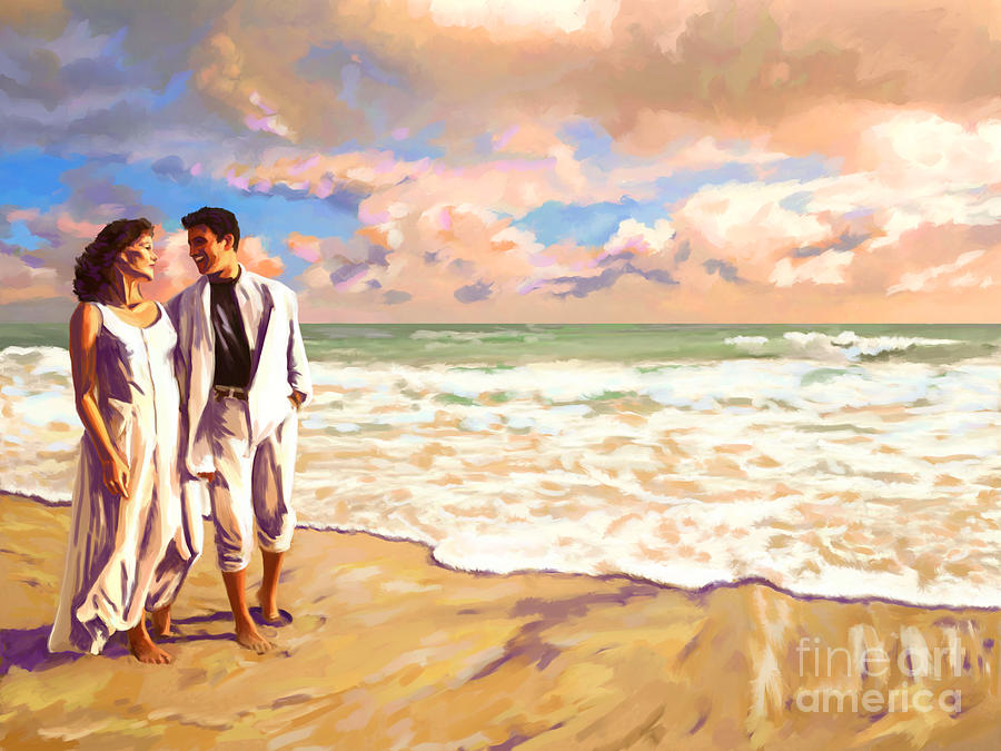 Couple Walking Together On The Beach Painting by Tim Gilliland