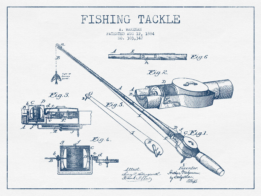 Fishing Tackle Patent Drawing From 1884 - Blue Ink Drawing by Aged Pixel