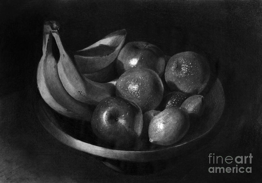 Fruits In A Bowl Graphite Drawing Drawing by Gabor Bartal