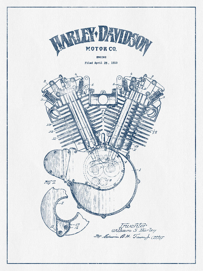 Harley Davidson Engine Patent Drawing From 1919 Blue Ink by Aged Pixel