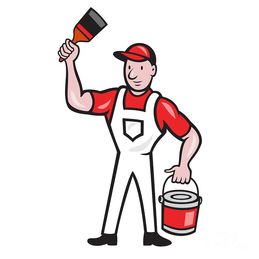 House Painter Holding Paint Can Paintbrush Cartoon Digital Art by