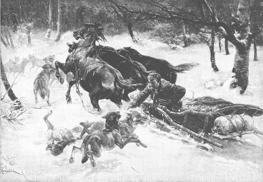 Man In Horse Driven Sleigh Troika Wolves Attack C1900 Digital Art by A