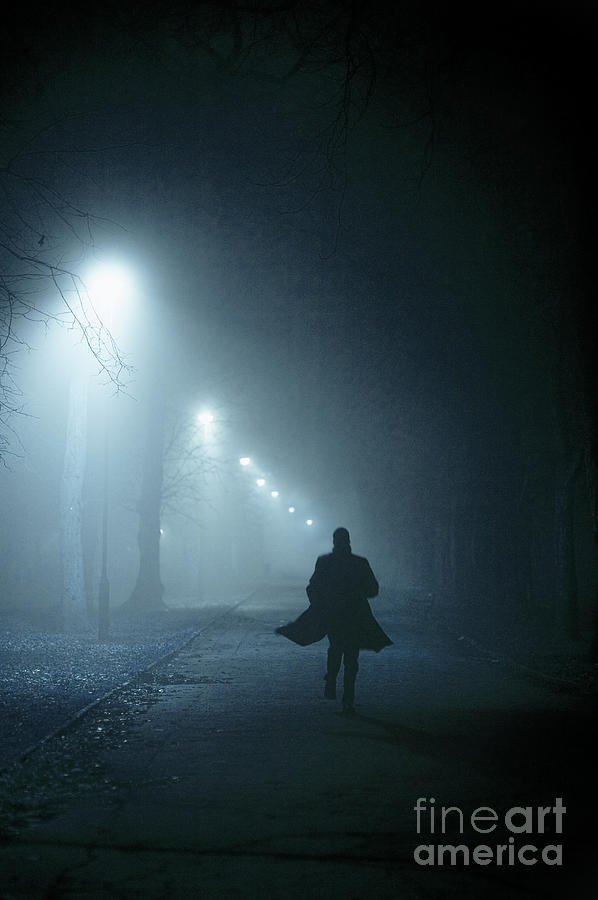 Man In Overcoat Running At Night In Fog Photograph By Lee Avison