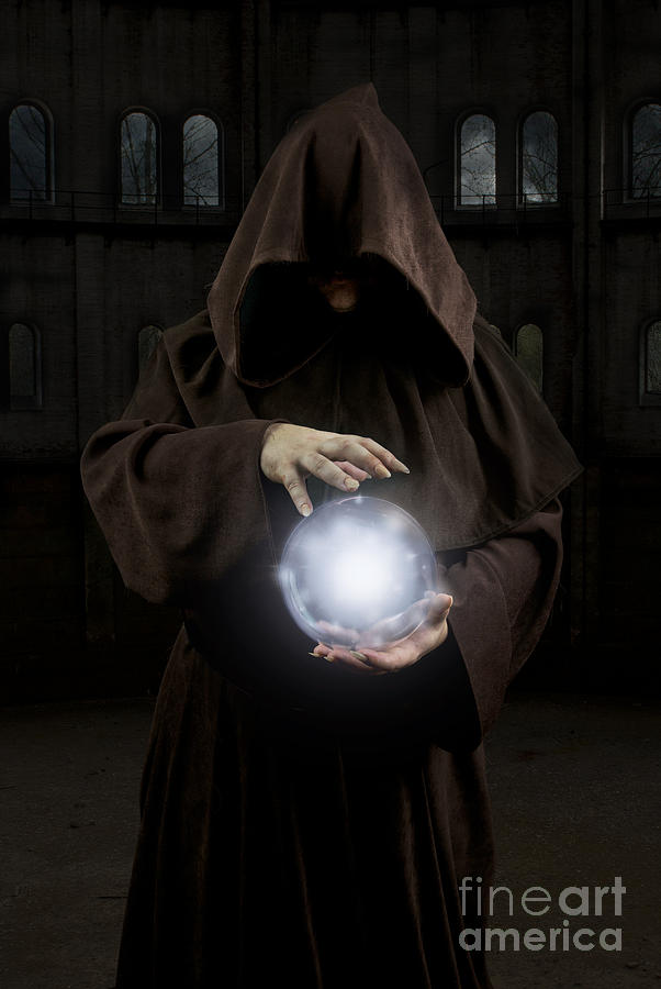 Man Wearing The Cloak With Hood Holding Glowing Crystal Ball Photograph