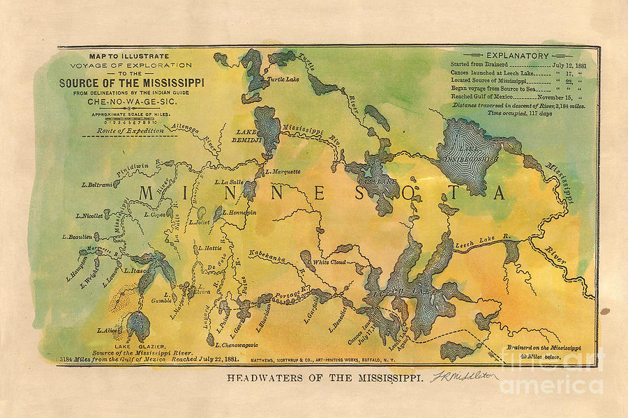 Mississippi River Headwaters 1887 Hand Painted Map Painting by Lisa Middleton