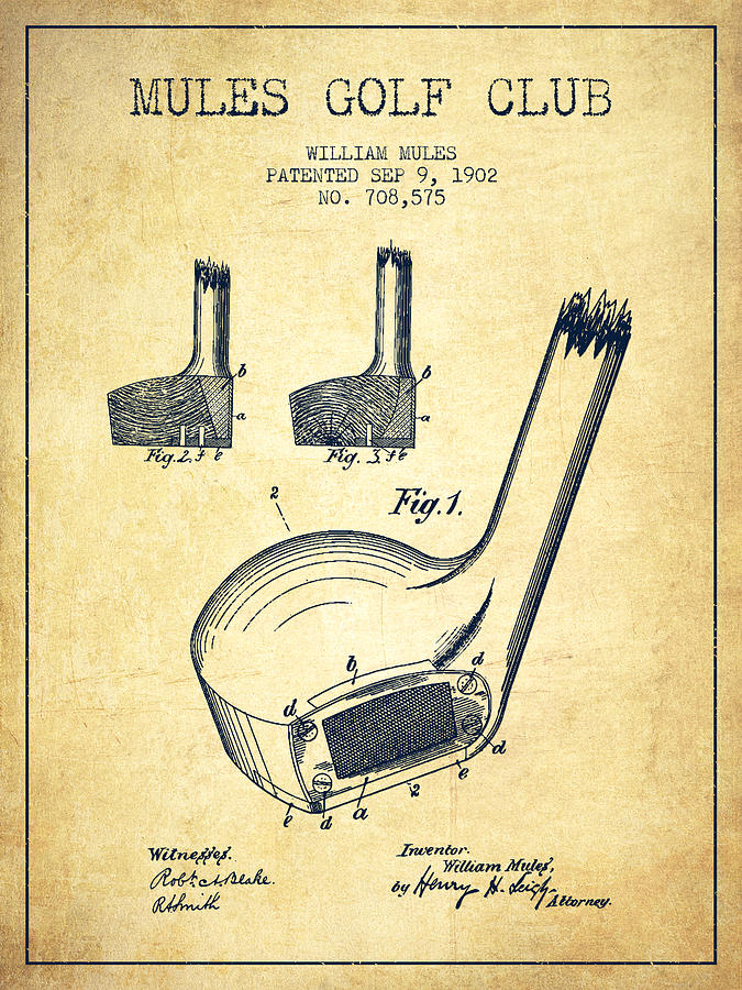 Mules Golf Club Patent Drawing From Vintage Digital Art By Aged