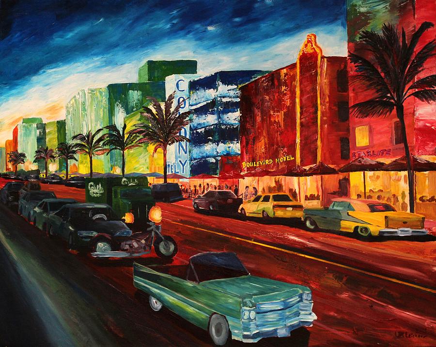 Ocean Drive Miami With Mint Cadillac Painting by M Bleichner