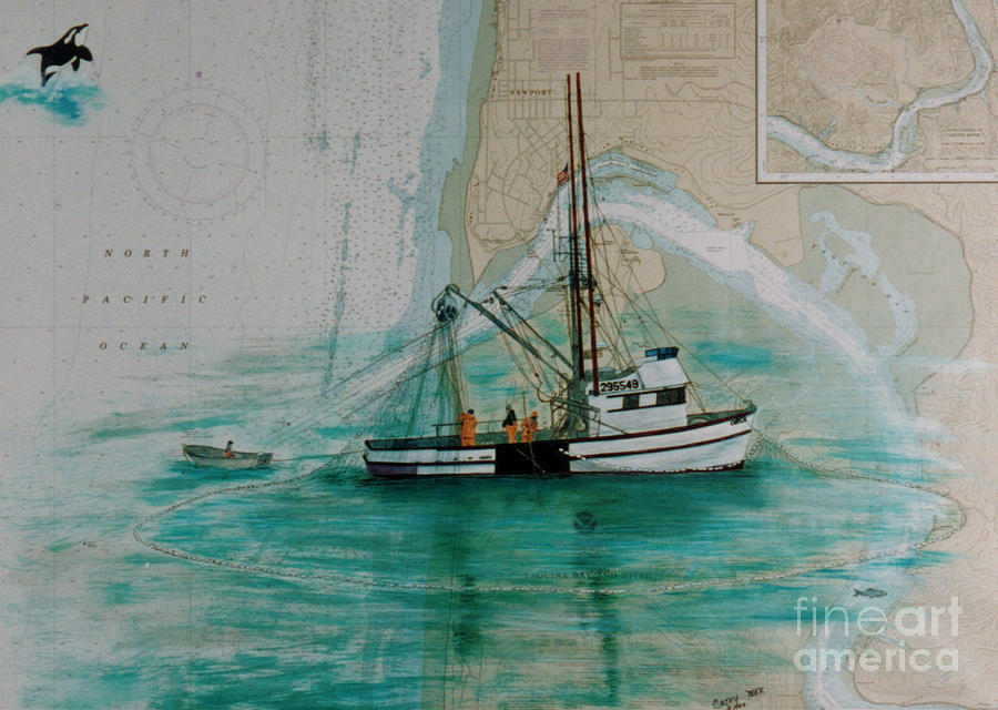 Orca Painting - Orca Seine Fishing Boat Nautical Chart Art by Cathy 