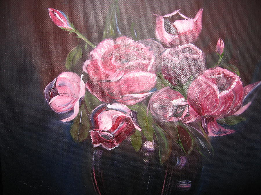 Pink Roses In Black Vase Painting By Charline Utley Fine Art America