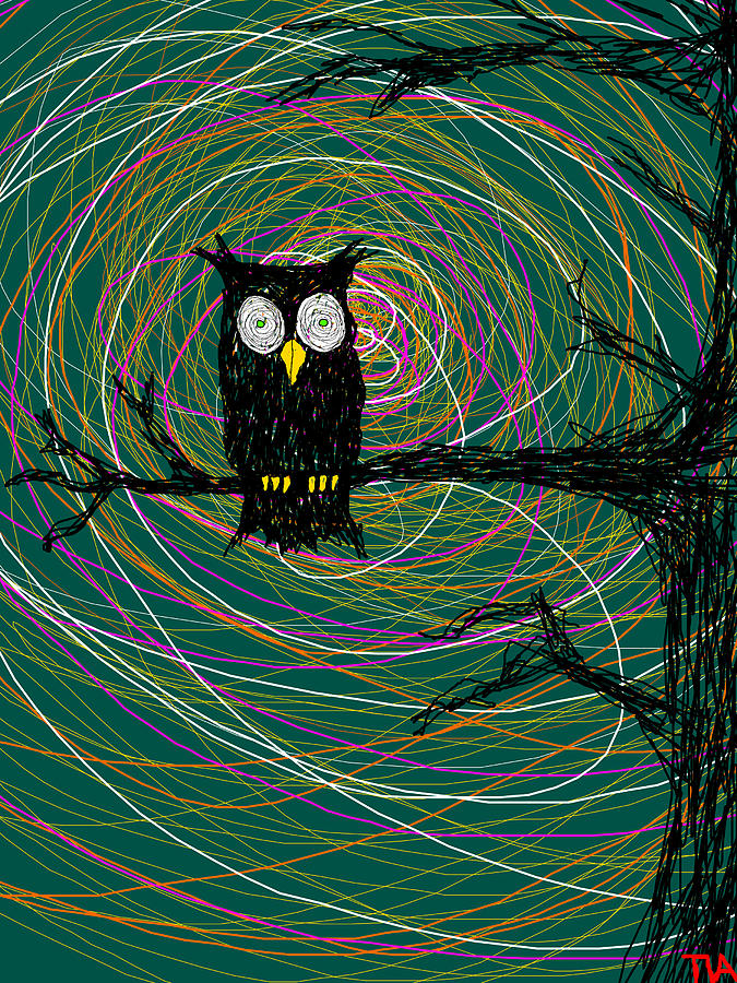 Spooky Owl In Tree Drawing by Tia Knight