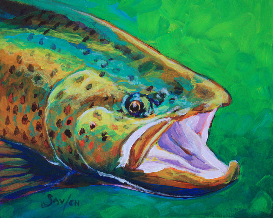 Spring Time Brown Trout- Fly Fishing Art Painting by Savlen Art