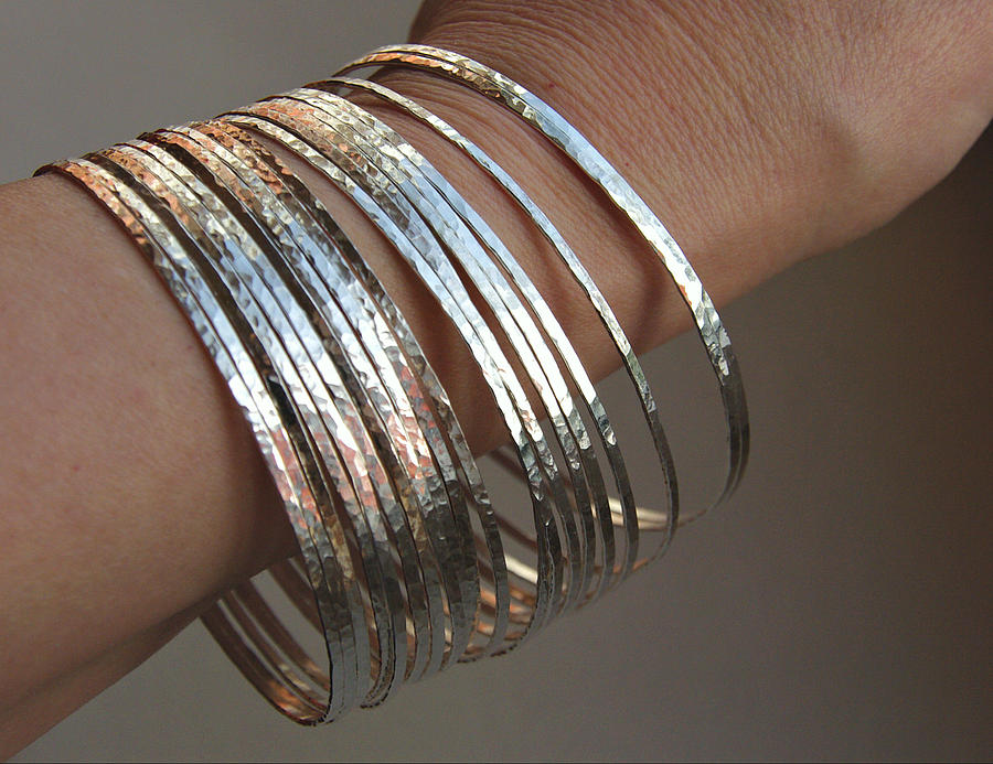 Thin Handmade Hammered Sterling Silver Stack Bangle Bracelets Artisan
