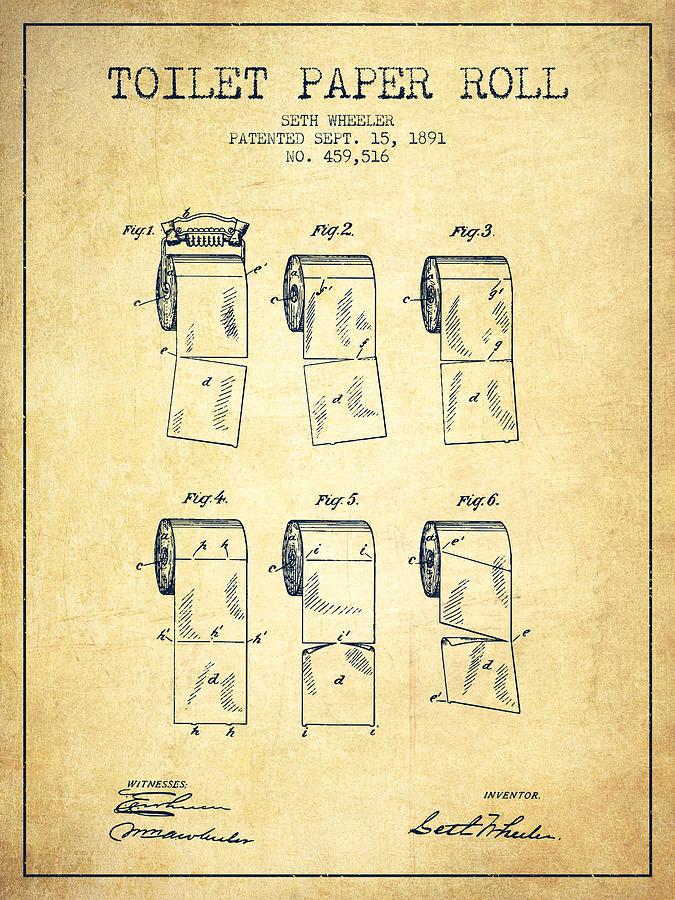 Toilet Paper Roll Patent From 1891 Vintage Drawing by