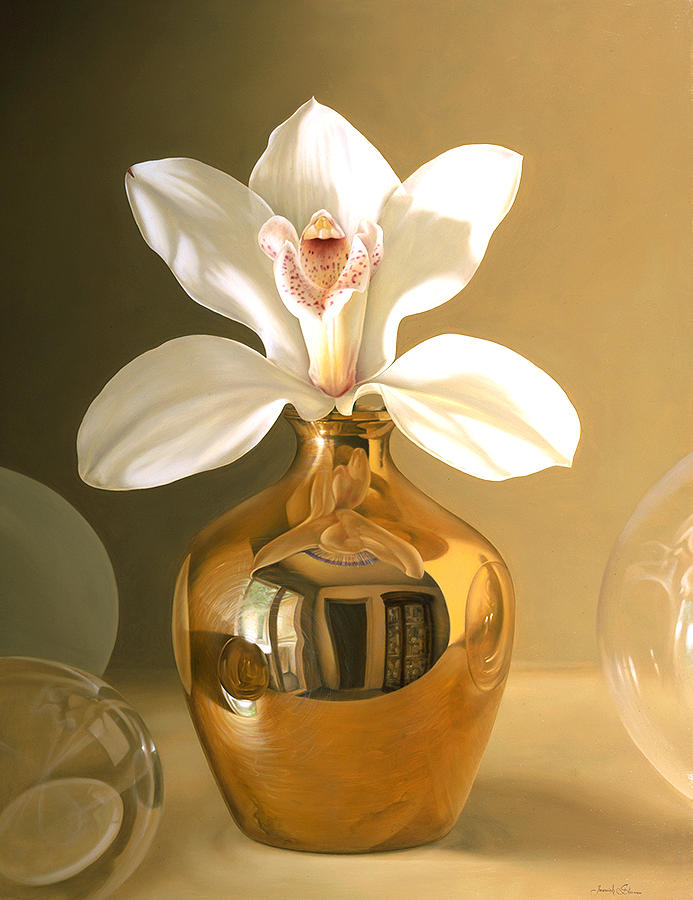 White Orchid Gold Vase Painting