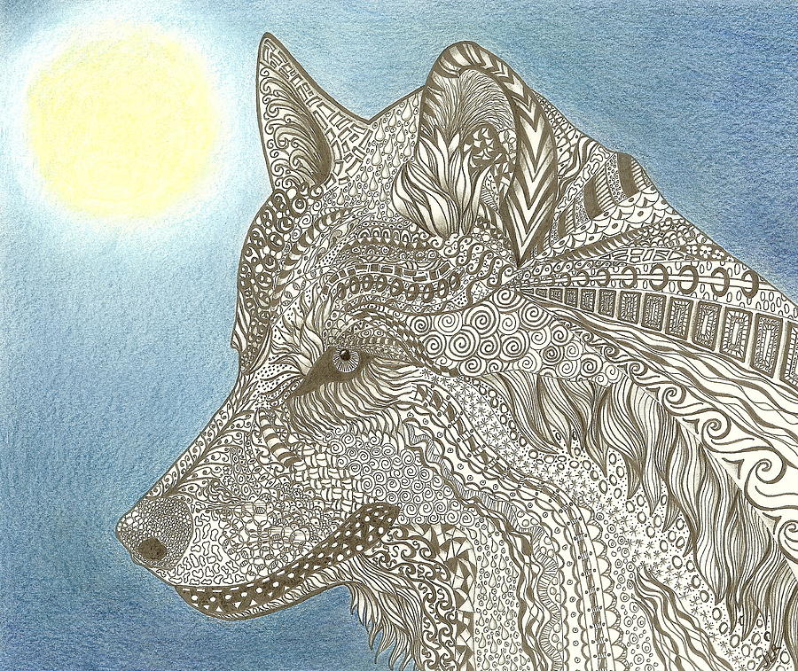 Zen Wolf Moon Drawing by Jennie Richards