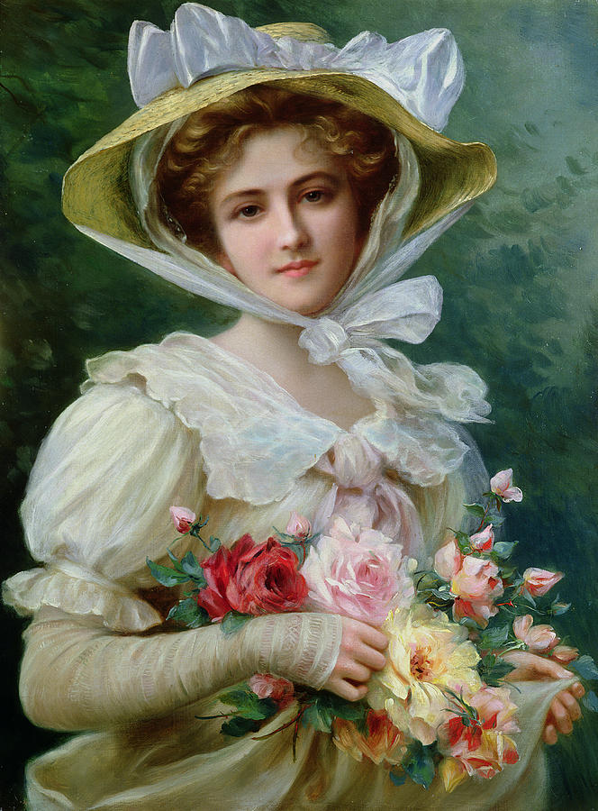 Elegant Lady With A Bouquet Of Roses by Emile Vernon