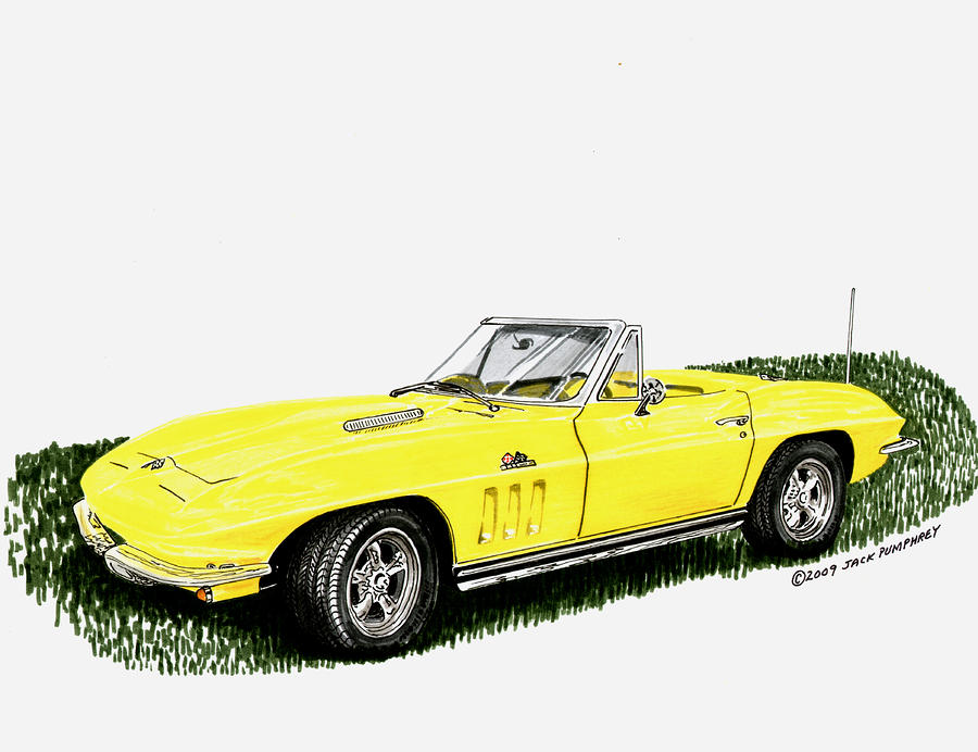 1965 Yellow Corvette Rag Top Drawing 1965 Yellow Corvette Rag Top Fine Art 
