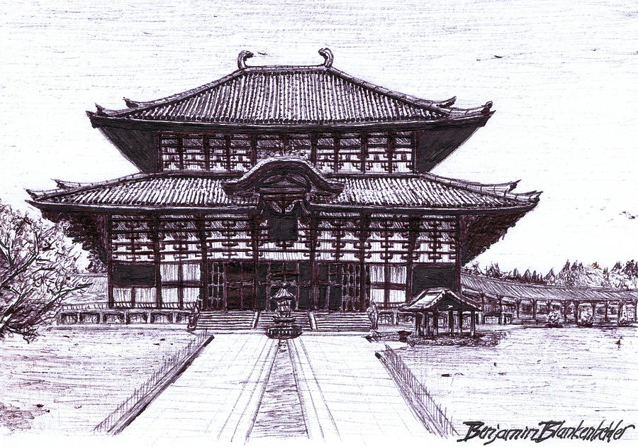 Buddha Hall In Nara Japan Drawing