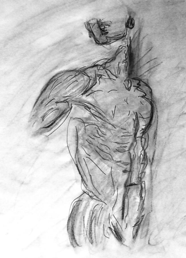 Charcoal Classic Jesus Male Nude Looking Over Shoulder Sketch in a Sensual 