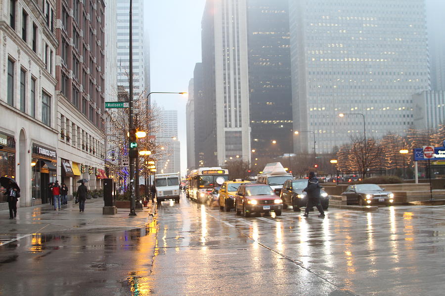 Chicago Michigan Ave In Rain Photograph by Gregory Jeffries