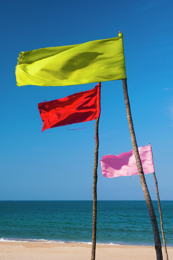 Colored Flags Flapping In The Wind On A Beach Photograph by Lothar Schulz