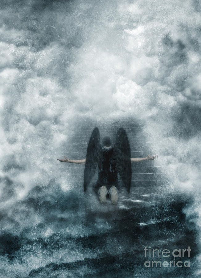 Dark Angel Kneeling On Stairway In The Clouds Photograph by Jill Battaglia