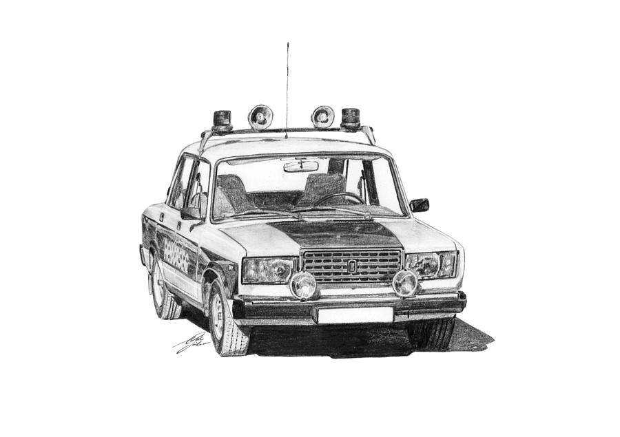 Lada VAZ 2107 Police car Drawing Lada VAZ 2107 Police car Fine Art Print 