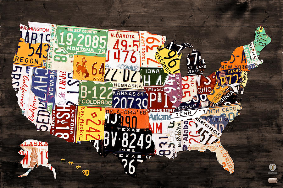 license plate map of the united states warm colors black edition design turnpike