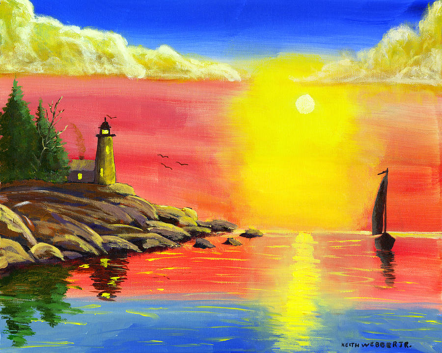Sailboat Painting - Lighthouse And Sailboat Painting At Sunset by 