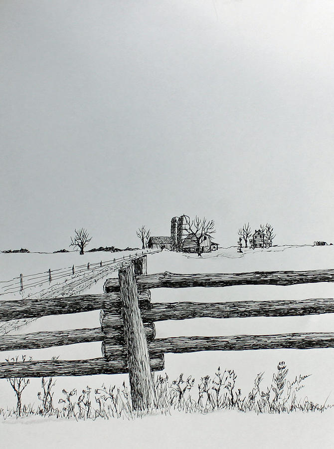 Log Fence Drawing by Jack G Brauer