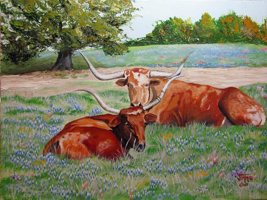 Longhorns In Bluebonnet Field Painting By Jimmie Bartlett