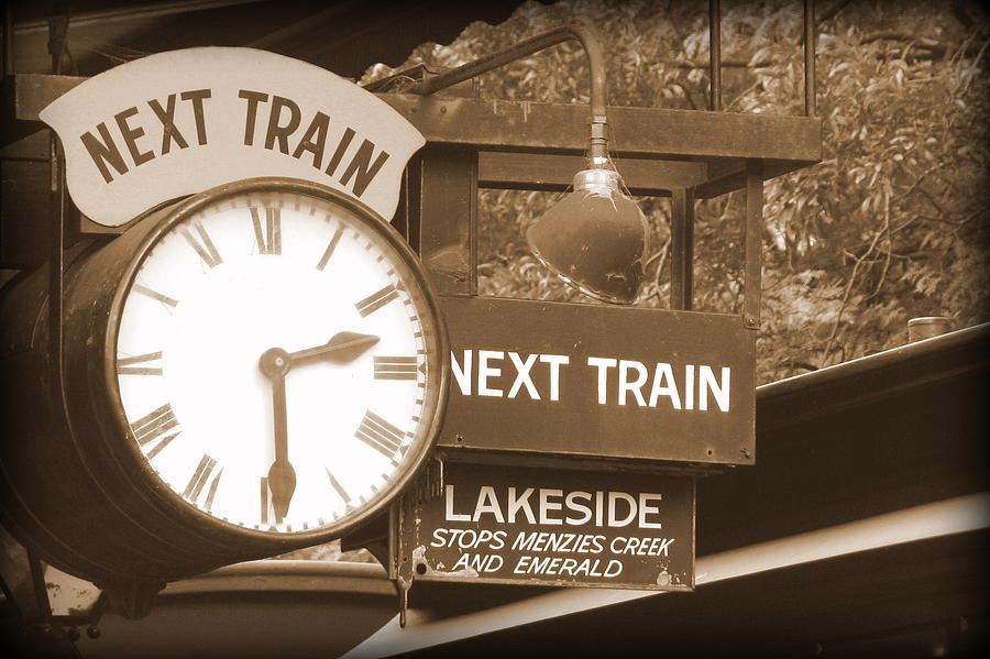 Next Train Clock In Sepia Photograph by Tam Graff