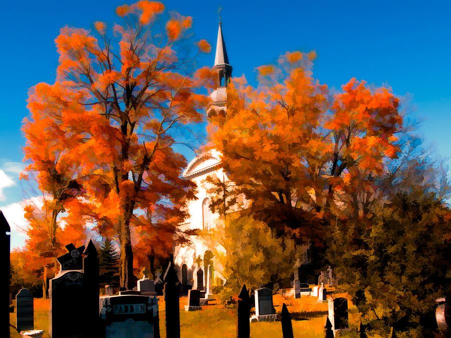 Picturesque Church and Cemetery Autumn Trees in Peak Colors with Orange 