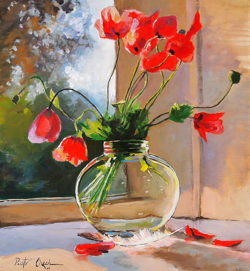 Poppies In A Glass Vase Painting by Piotr Olech