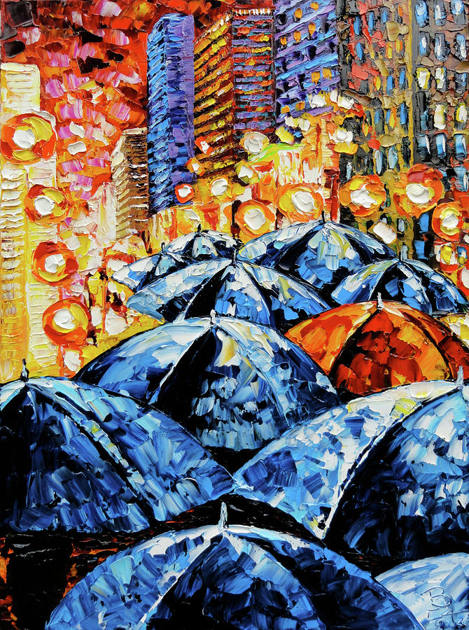 Rainy Night Oil Painting Umbrellas Painting