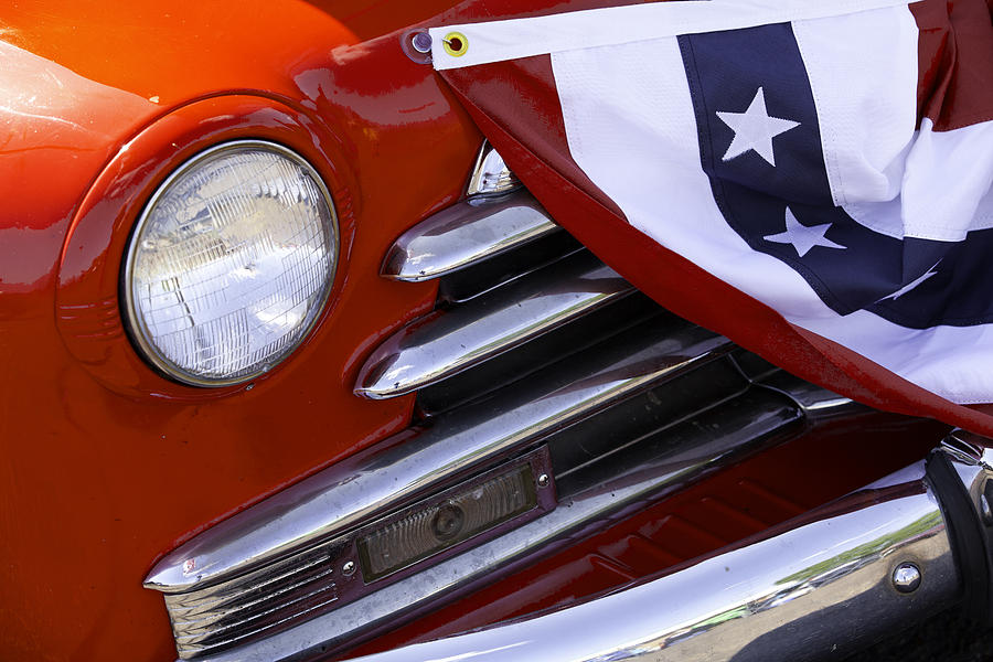 Red Classic Car and US Flag Photograph Red Classic Car and US Flag Fine