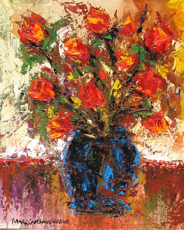 Red Flowers In Blue Vase by Mark Carson English