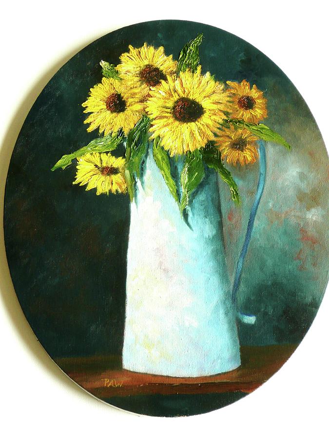 Sunflowers In White Pot Painting Sunflowers In White Pot Fine Art Print