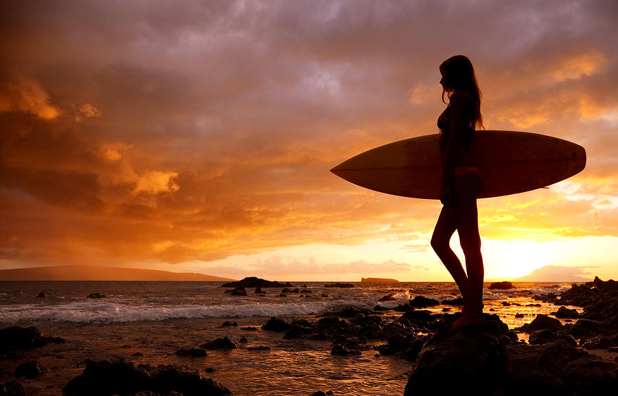 Girl Surfing in Sunset Surfer Girl Makena Sunset ii